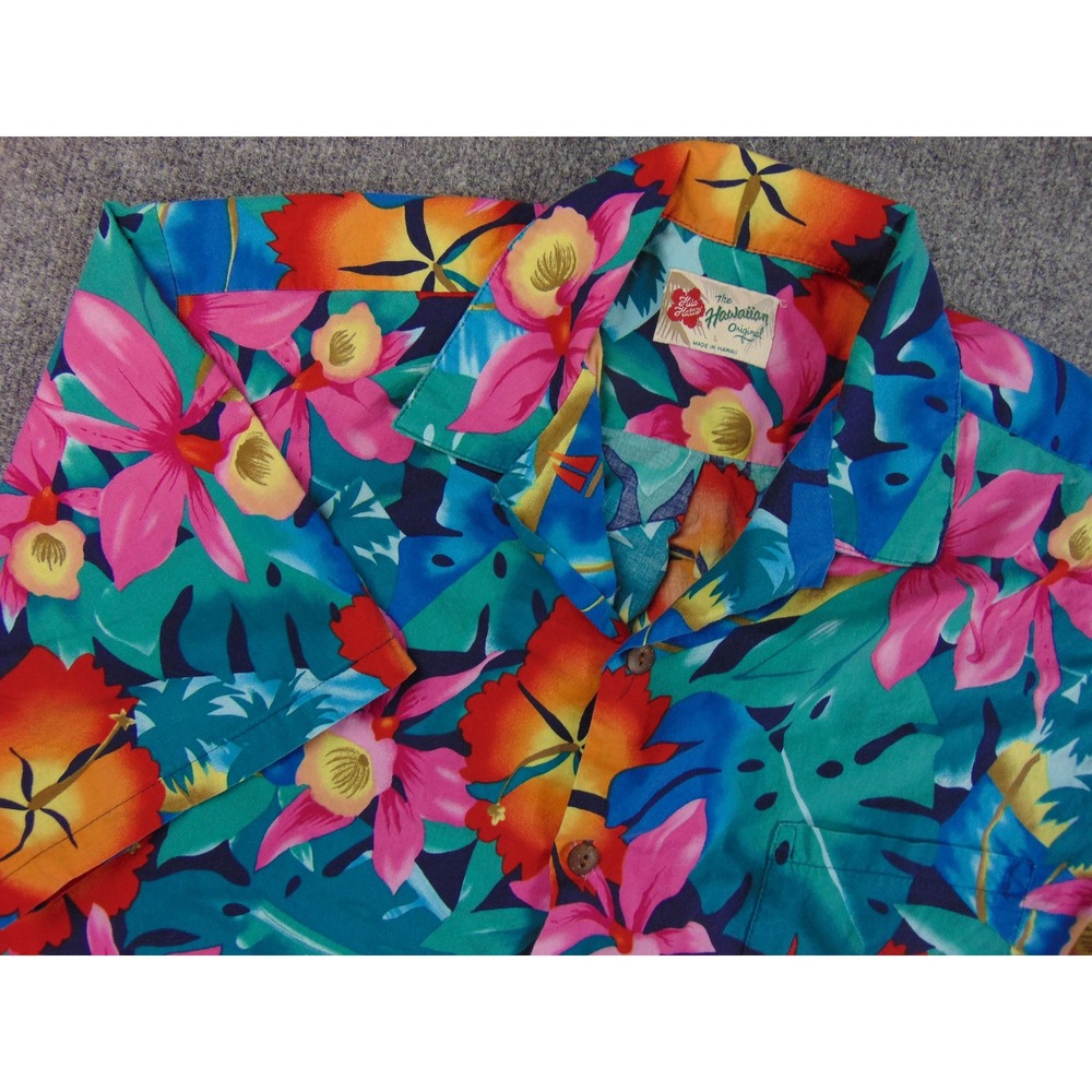 Hilo Hattie Shirt Men Large Blue Red Tropical Floral‎ Aloha Hawaiian Bright Vaca